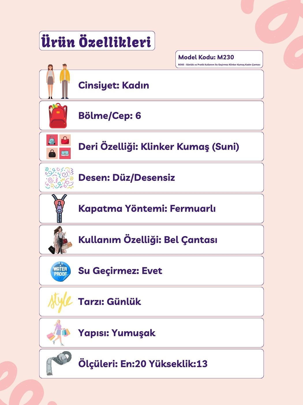 ROSE%20-%20Günlük%20ve%20Pratik%20Kullanım%20Su%20Geçirmez%20Klinker%20Kumaş%20Kadın%20Çantası